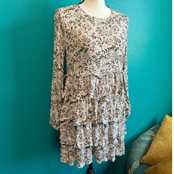 Urban Outfitters Cream Botanical Floral Tiered Dress Women's Small - Picture 2 of 11